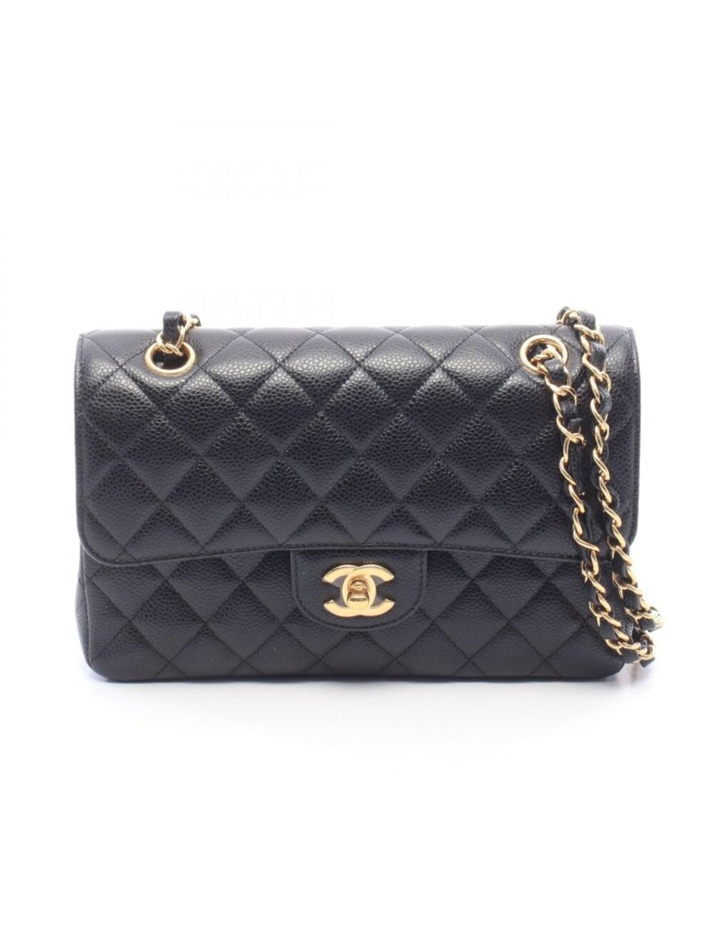 Chanel Shoulder Bag Quilted Double Flap Black Caviar Leather Chain